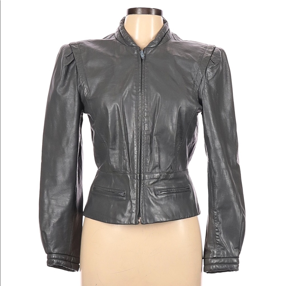 Vintage 80's Bermans Leather Gray/Green Biker Jacket with Puffy Sleeves Sz 12